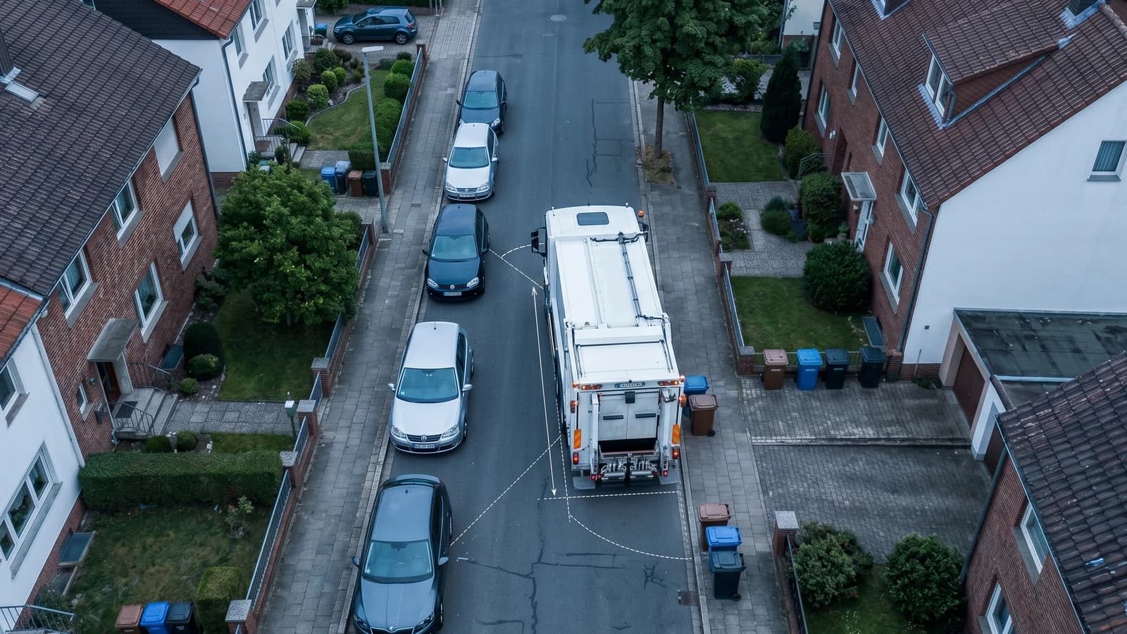 Müllfahrzeug bei der Abfallsammlung in einer schmalen Wohnstraße – Luftaufnahme mit Reihenhäusern, parkenden Autos und Mülltonnen am Straßenrand